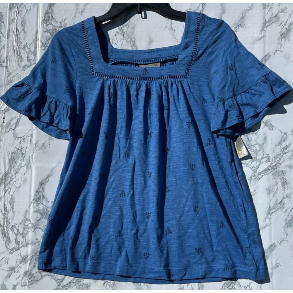 Style & Co Blue Tulip Top With Crochet Trim Short Sleeves Womens XS Cotton Modal - Picture 1 of 9